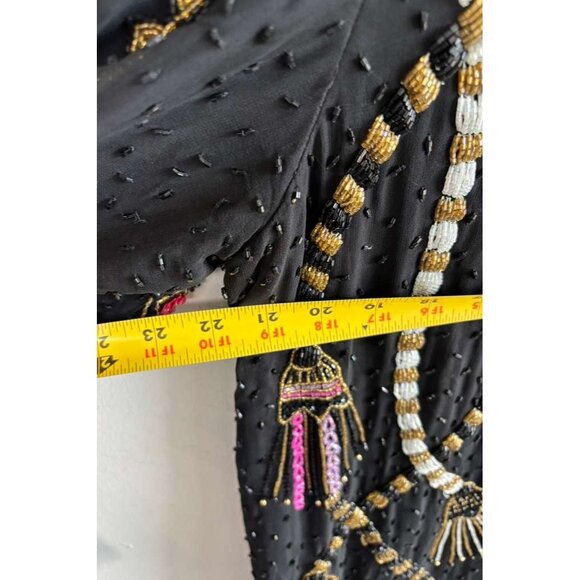 Vintage 80s Lawrence Kazar Womens Black Silk Beaded Sequin Tassel Jacket Size XL - Picture 12 of 16